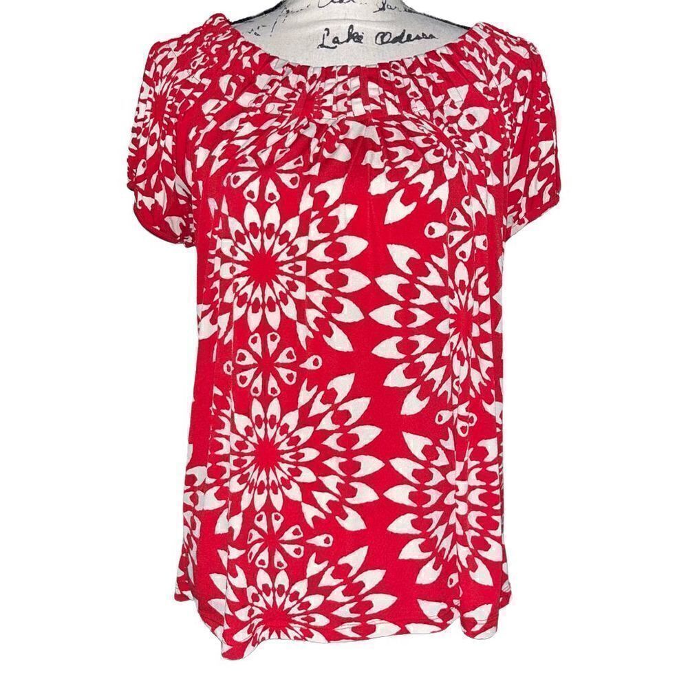 Style & Co. red & white‎ balloon sleeve blouse large